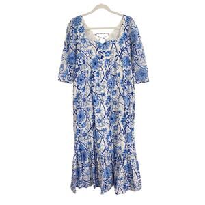 Madison Mathews Maxi Midi Ruffle Sweetheart Neck Blue Floral Block Print Dress
